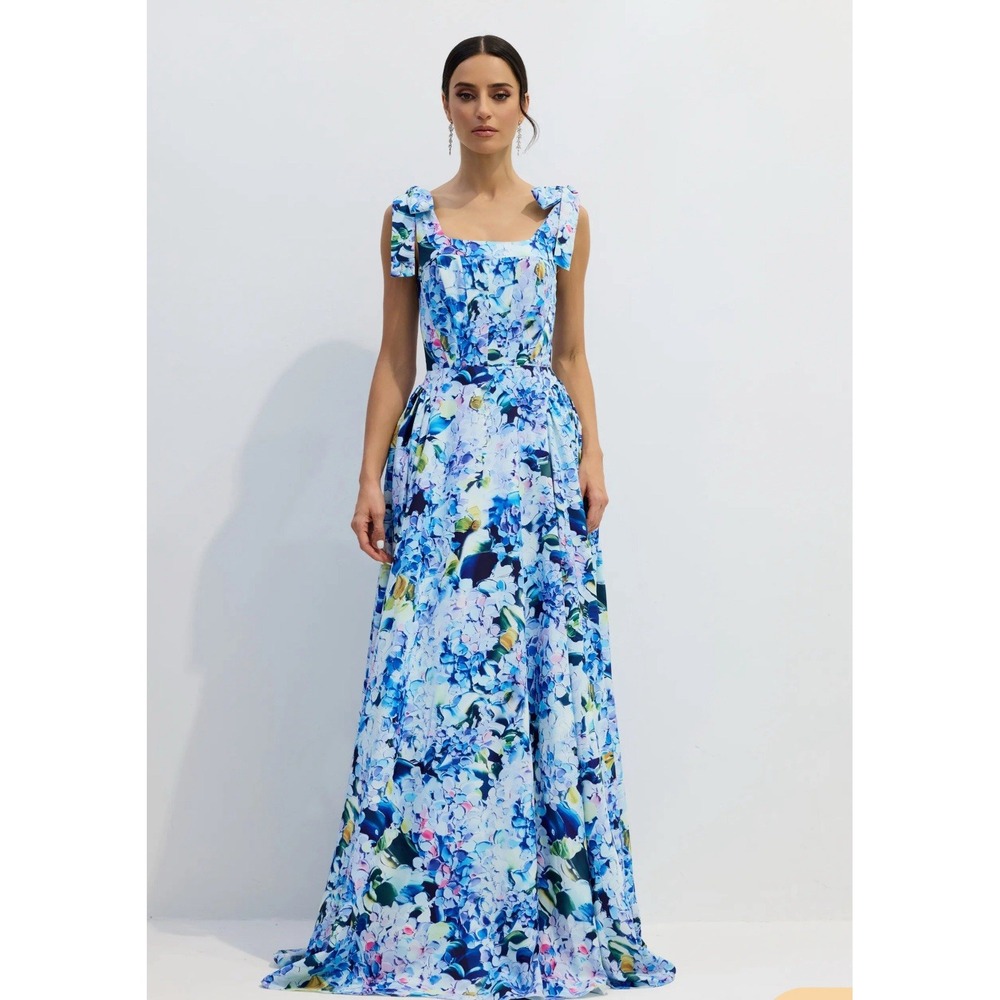Floral Blue Maxi Dress with Tie Straps